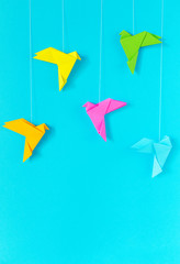 blue background with colorful birds on a rope of paper