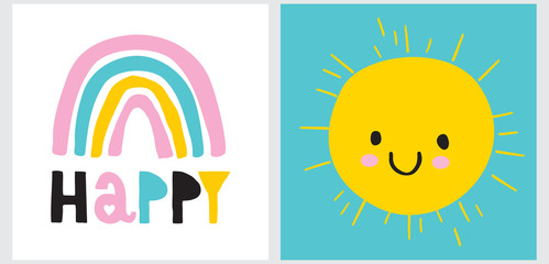 Funny Infantile Style Nursery Art with Happy Rainbow and Sun. Lovely Vector Illustration for Kids. Simple Cute Wall Art with Abstract Hand Drawn Sun on a Blue Sky and  Rainbow on a White Background. 