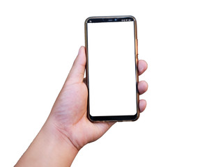 Hand holding a smartphone on white background.