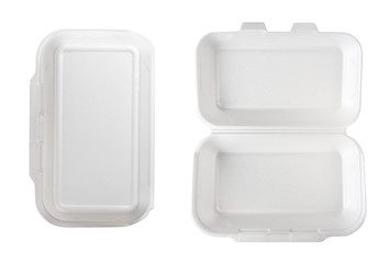 empty takeaway food styrofoam container, open and closed, isolated on white
