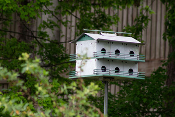 white and blue bird house