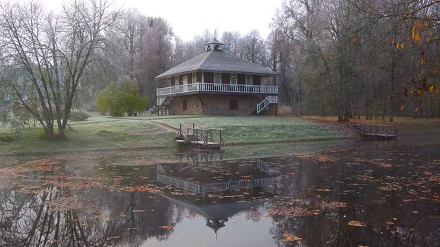 View of the old house on an October cloudy day. Petrovskoe, Pushkinskie Gory