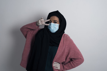 Obraz premium Leisure lifestyle people person celebrate flirt coquettish concept. Beautiful pretty lady v-sign near eyes wearing casual clothes standing indoors.