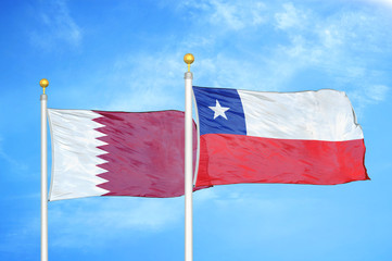 Qatar and Chile two flags on flagpoles and blue cloudy sky
