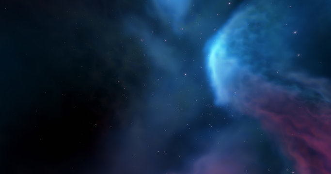 Nebula and star fields, stellar nursery. Stellar system and gas nebula. Newborn stars, glowing clouds heated by intense radiation. Deep space. Science fiction. 3D render © Quardia Inc.