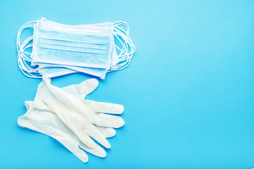 Medical Surgeon face protection kit for Medical Worker, doctor nurse. Protective surgical face mask,gloves. Prevention coronavirus, Covid-19. Concept medicine health care.Long blue banner