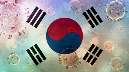 South Korea country flag with covid-19 coronavirus in background