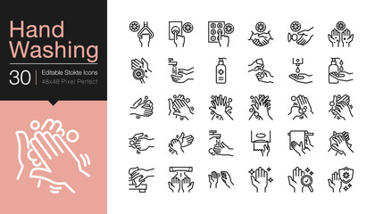 Hand washing icons. Hygiene care, antibacterial, protect from coronavirus (covid-19). Modern line design. For presentation, graphic design, mobile application or UI. Editable Stroke. Vector.