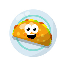 Tacos. Cute mascot with face, smile and eye. National Mexican fast food in tortilla. Traditional Spicy meal with meat and vegetables. Cartoon flat illustration