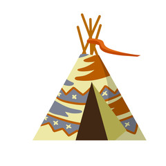 Indian wigwam. Tent made of skins. Brown tepee. Tribal hut. Cartoon flat illustration. Home of native American © Taras