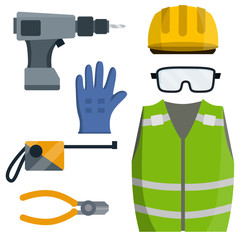 Clothing and tools the worker and the Builder. Type of profession. Cartoon flat illustration. Green uniform, gloves, drill, goggles and helmet. industrial safety. Kit items and objects
