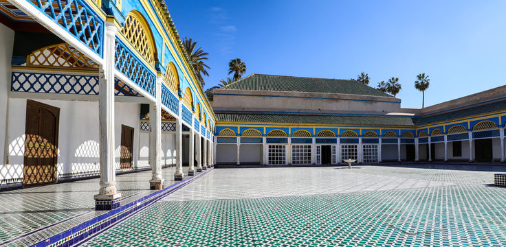 Colorful blue and white tile in the empty courtyard of Bahia Palace