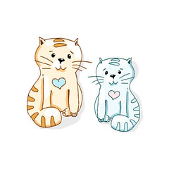 two lovely cartoon cats with heart. Vector illustration for postal or sticker.
