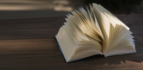 open book on the table, with wind turning its pages 