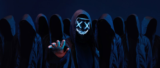 Hackers army. Dangerous hooded group of hackers. Internet, cyber crime, cyber attack, system...