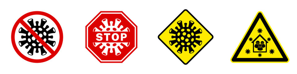Set signal stops for the covid-19 virus and the corona virus. Warning symbol be careful to stay at home.
Traffic sign, circle, triangle, square, octagon. Isolated vector illustration.
