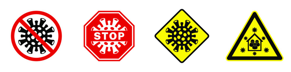 Set signal stops for the covid-19 virus and the corona virus. Warning symbol be careful to stay at home.
Traffic sign, circle, triangle, square, octagon. Isolated vector illustration.