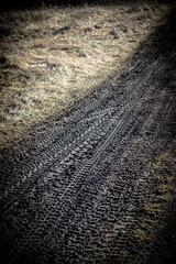 A muddy off-road track with tire prints in the spring forest