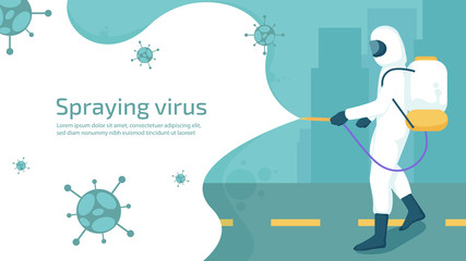 Cartoon characters in white protective clothing Spray the city disinfectant along with the corona virus. Illustration about protection covid-19 with cleaning item.