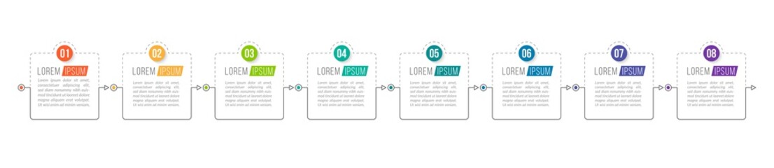 Minimal Business Infographics template. Timeline with 8 steps, options and marketing icons .Vector linear infographic with eight conected elements. Can be use for presentation.