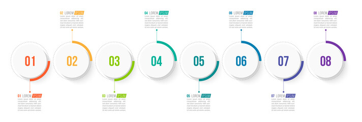 Minimal Business Infographics template. Timeline with 8 steps, options and marketing icons .Vector linear infographic with eight conected elements. Can be use for presentation.