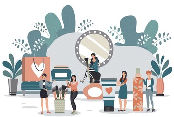Woman beauty product collection, tiny people with cosmetics and makeup items, vector illustration. Beautiful girl cartoon character in cosmetology salon, luxury cosmetic and skincare products shop