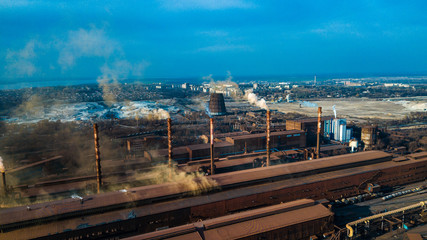 Fototapeta premium metallurgical production plant full cycle smoke from pipes bad ecology aerial photography