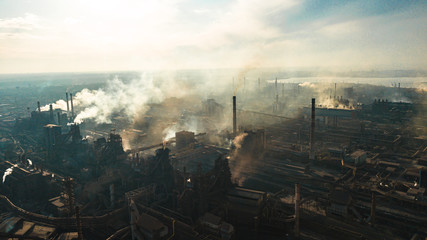 metallurgical production plant full cycle smoke from pipes bad ecology aerial photography