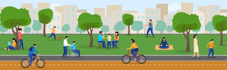 People in summer park enjoying active outdoor leisure, healthy lifestyle in city, vector illustration. Men and women cartoon character walking and cycling in park. Outdoor picnic family relax together