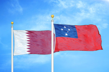 Qatar and Samoa two flags on flagpoles and blue cloudy sky