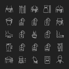 Clothing sizes chalk white icons set on black background. Human body measurements. Female and male dimensions and proportions parameters for apparel. Isolated vector chalkboard illustrations