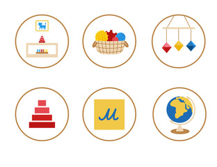 Icons with toys for preschool, kindergarten, web, school, blog. Elements with sensory materials: pyramid, animal silhouette, baby mobile, basket with balls, rough letters, globe.