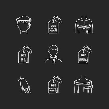Male clothing sizes chalk white icons set on black background. Men body dimensions and proportions measurement for custom made apparel. Bespoke tailoring. Isolated vector chalkboard illustrations