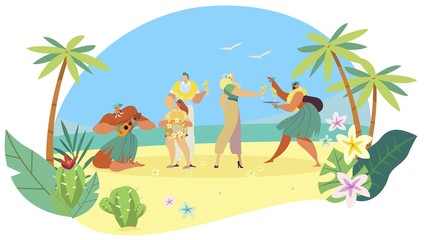 Fototapeta na wymiar Hawaiian people welcome tourist family on exotic island, ethnic summer vacation, vector illustration. Traditional culture, man and woman cartoon characters on beach. Tropical resort ceremony ritual