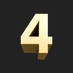 4 four number rendering. Metallic gold 3D number four. 3D Illustration. Rendering. Isolated on black background.	