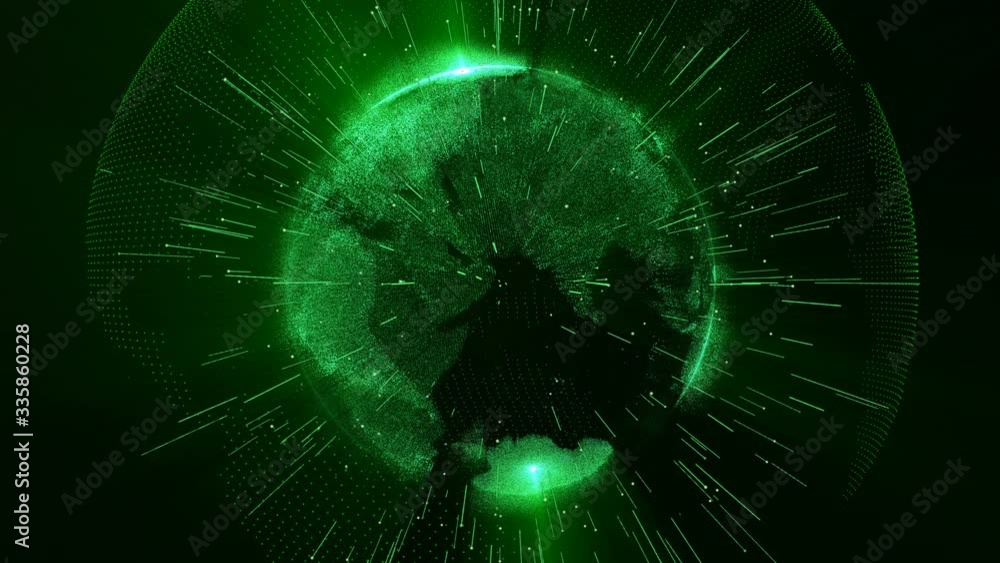Aufkleber animation of green particle earth globe rotating and glow light shine beam, big data technology, bus