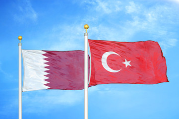 Qatar and Turkey two flags on flagpoles and blue cloudy sky