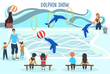 People watching dolphin show, entertainment for family with kids, trained animals performance, vector illustration. Children visit dolphinarium, happy boys and girls cartoon characters, circus pool