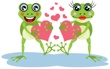 Couple of frogs holding hearts
