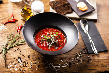 Beetroot soup served in a bowl in restaurant
