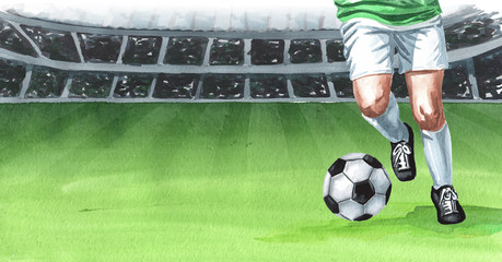 Professional football soccer player in action, On the background of a football ground. Hand drawn watercolor illustration with copy space © dariaustiugova
