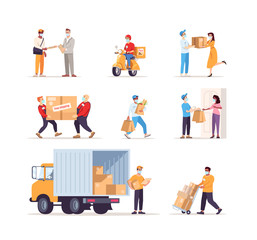 Obraz na płótnie Canvas Delivery service in covid19 outbreak flat vector illustrations set. Customers and couriers in surgical masks isolated cartoon characters kit. People on quarantine using shipping services