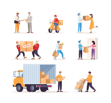 Delivery service in covid19 outbreak flat vector illustrations set. Customers and couriers in surgical masks isolated cartoon characters kit. People on quarantine using shipping services