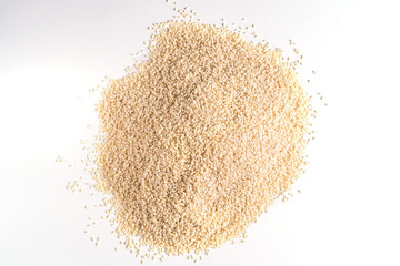 Flax white seeds background isolated on white , flat lay.