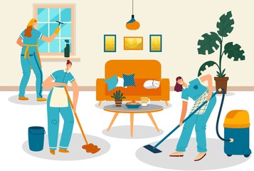 Cleaning service people, smiling women cartoon characters clean apartment room, vector illustration. Housekeeping team, female janitor work. Household cleanup, professional service for home and hotel