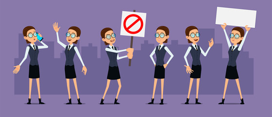 Cartoon cute funny girl doctor character with glasses in office suit. Smart scientist with phone, empty sign and stop gesture. Ready for animations. Isolated on violet background. Big vector icon set.