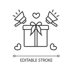 Product promotion pixel perfect linear icon. Gift box with ribbon. Shopping campaign. Thin line customizable illustration. Contour symbol. Vector isolated outline drawing. Editable stroke