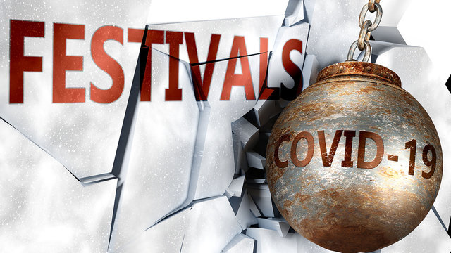 Covid and festivals,  symbolized by the coronavirus virus destroying word festivals to picture that the virus affects festivals and leads to recession and crisis, 3d illustration