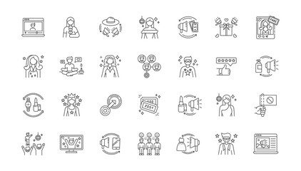 Social media promotion pixel perfect linear icons set. Digital marketing with influencers. Customizable thin line contour symbols. Isolated vector outline illustrations. Editable stroke