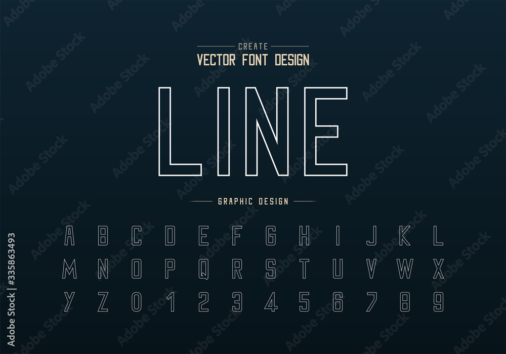 Poster line font and alphabet vector, typeface and letter number design, graphic text on background